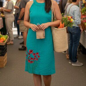 Salma Sleeveless Linen A-line Dress Medium Green Floral Embroidery Classic Lux